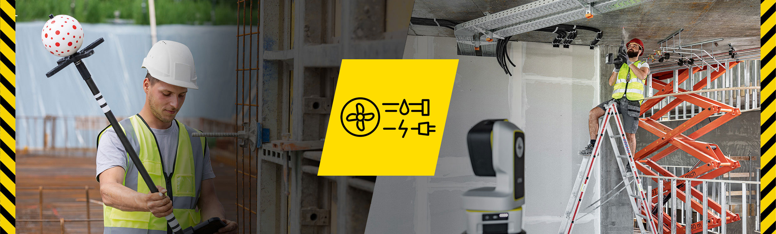 Un ouvrier portant un gilet de sécurité jaune utilise la Leica iCON vPole pour implanter des points sur un chantier.
